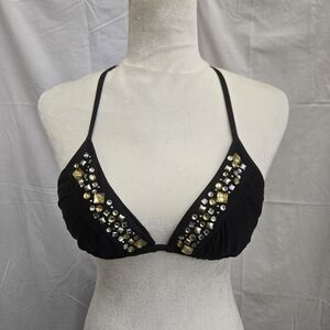Women's - Black Bikini Top w/ Gold & Silver Gemstones - (S/M)